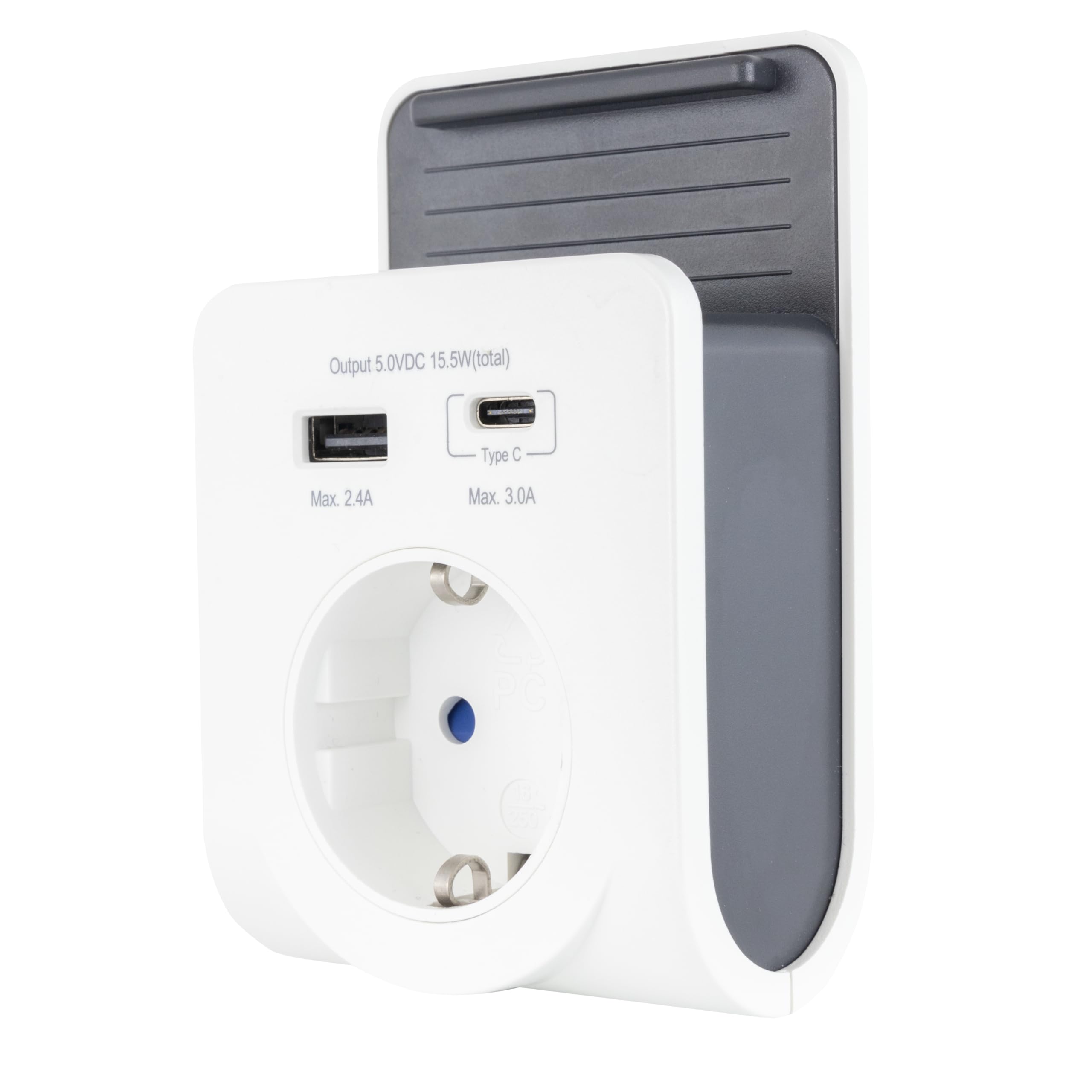 REV Ładowarka USB – adapter gniazda wtykowego z praktyczną półką na smartfon, w zestawie USB (typ A i C), gniazdko 230 V, kolor biały