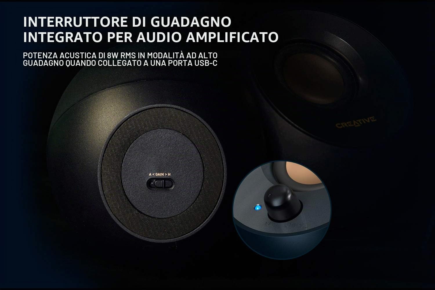 Creative - Pebble V2, Altoparlanti da scrivania con alimentazione USB-C 2.0, ingresso AUX da 3,5 mm, fino a 8 W di potenza RMS per computer, adattatore tipo A incluso e cavo esteso (nero)