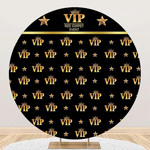 Laeacco Cubierta de fondo redonda VIP de 7.2 x 7.2 pies, alfombra roja, fondo de fotografía de eventos, corona dorada, estrellas, recién nacido,