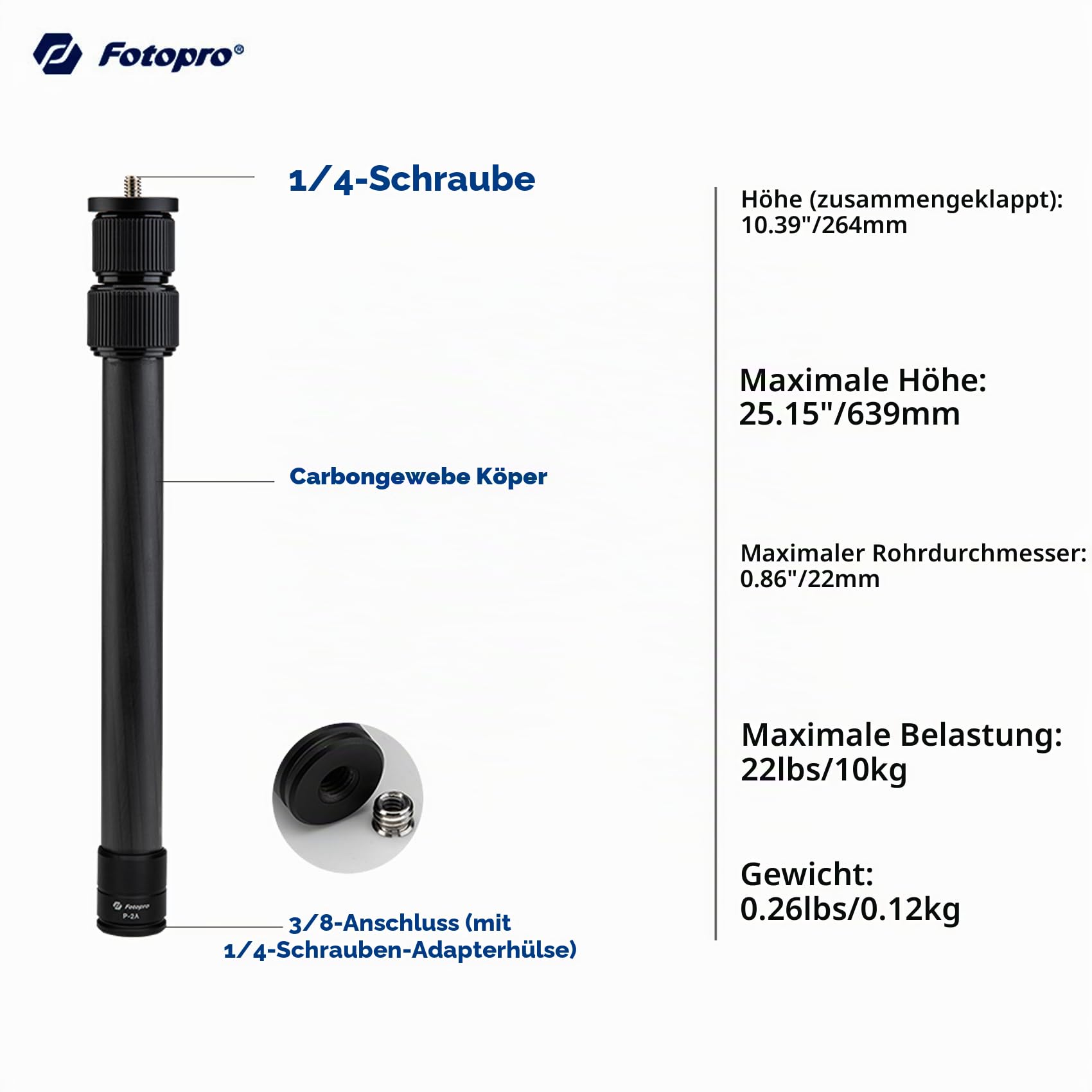 Fotopro 64CM Stativ Verlängerungsrohr Mittelsäule Extender, 3-teilige Karbonfaser Stativ Mittelsäule für DSLR Kamera Einbeinstativ, Max Traglast 10KG