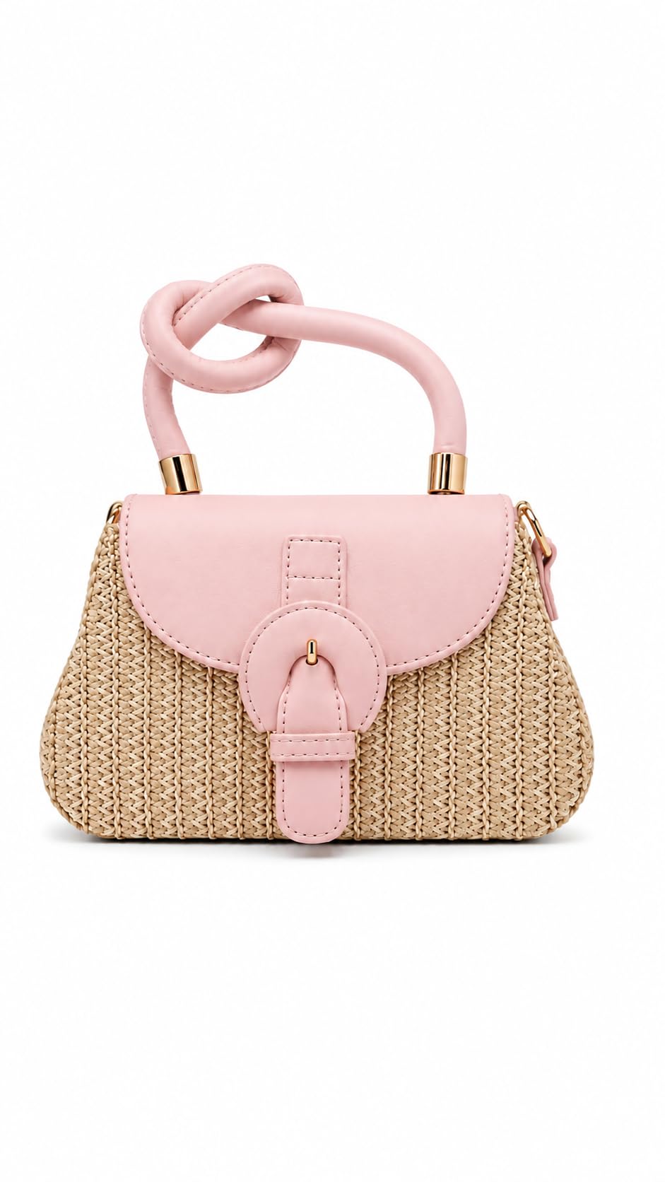 Structured Raffia Handbag, Faux Leather Flap, Gold-Tone Hardware, Adjustable Crossbody Strap-image-41
