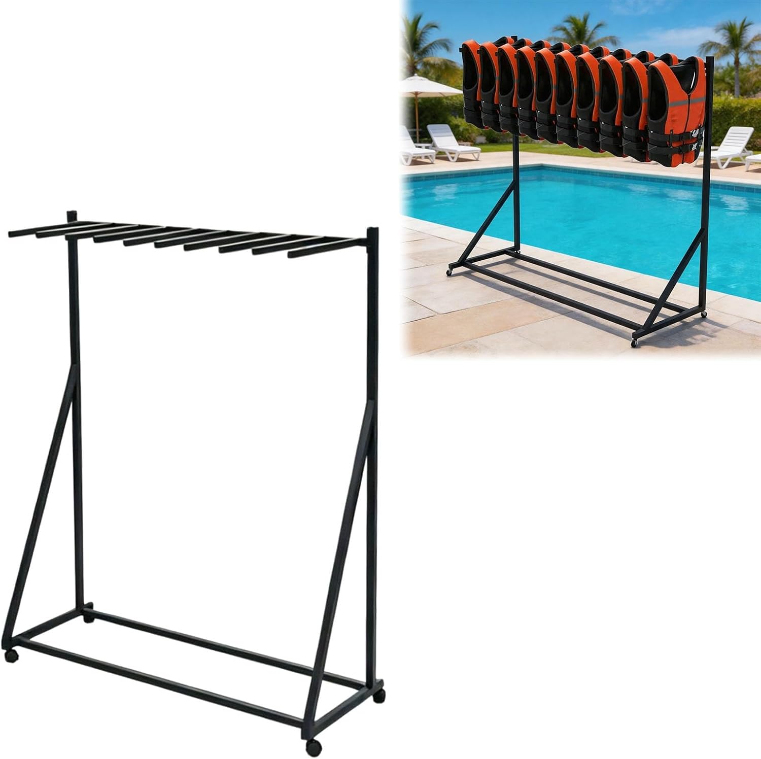 Heavy-Duty Life Vest Rack with Wheels, 4-Tier Freestanding Storage Organizer for Marina, Water Park, Poolside, Beach, Gym & Retail - Durable Black Drying Solution