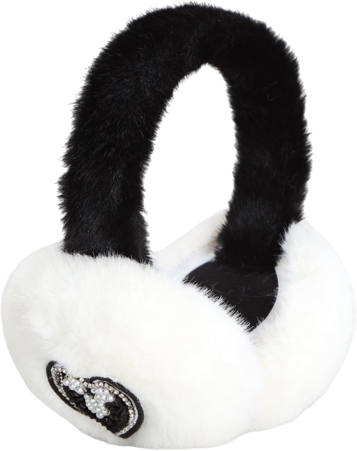 White Plush Earmuffs with Heart Design, Winter Ear Warmers, Faux Fur Ear Protection, Black Decorative Pattern,For Women Cold Weather Daily Wear,Two-Tone Color Block Design
