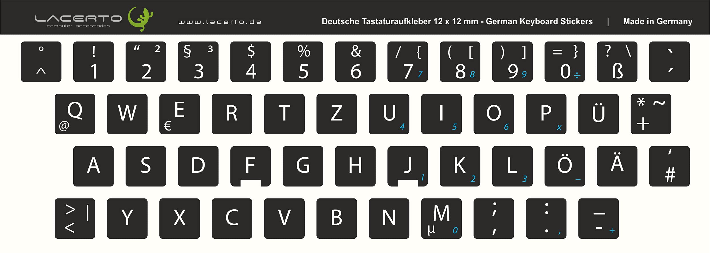 Pegatinas alemanas para teclados de ordenador y portátil | Set incluye teclas adicionales (12 x 12 mm, negro)