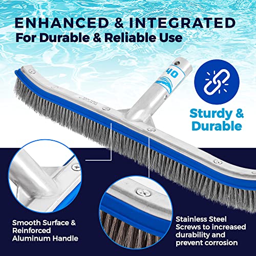 440 Heavy Duty Pool Brush - 18-Inch Extra-Wide Metal Brush Head With Stainless Steel Wire Bristles & Curved Edges For Cleaning Pool Tiles, Walls, Floor, Steps - Easy Clip Attachment To Fit Most Poles #TOP5