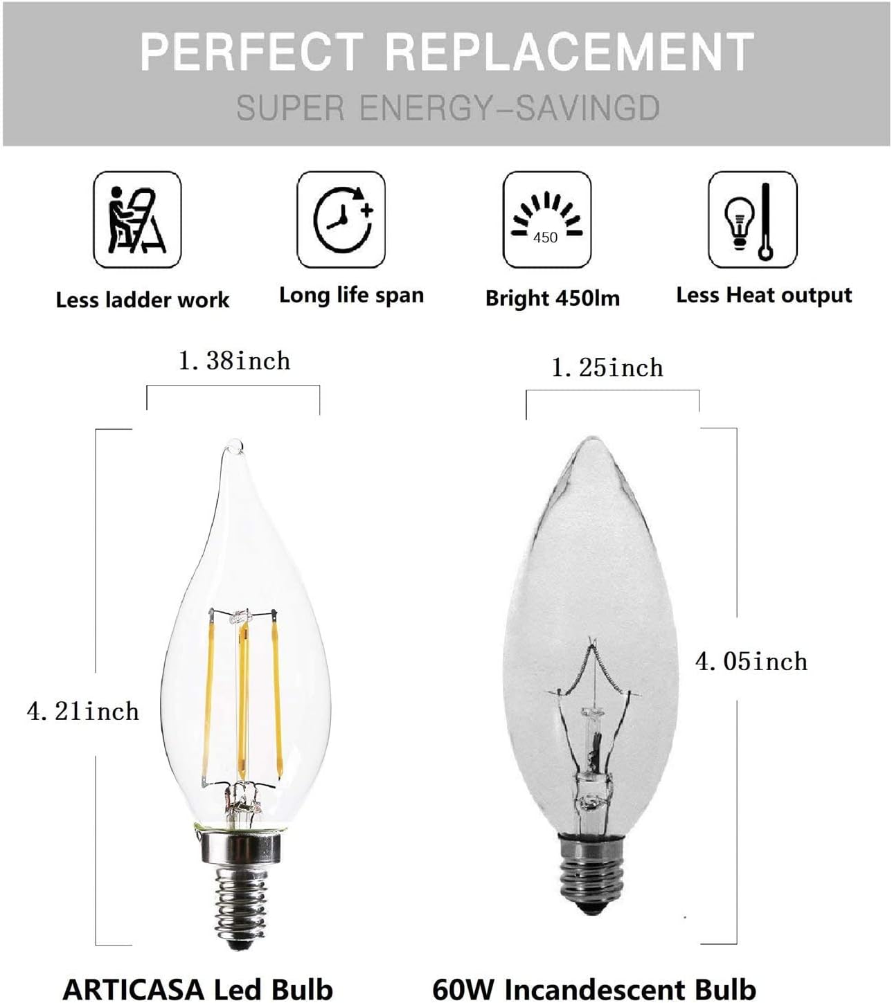 60 Watt Equivalent Candelabra Base led Bulbs E12 Dimmable 2700K Warm White 4.5W 450LM CA11 Flame Tip Vintage LED Filament Candle Bulb UL Listed (12PACK)