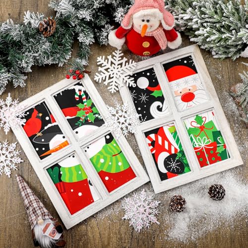 Lineshading 2 Set 2024 Christmas Faux Window Frame Wall Hanging Decor Large Wooden Window Frame Picture Wall Decor 11x15in Winter Santa Snowman Wall Art DIY Rustic Holiday Window Plaque Sign
