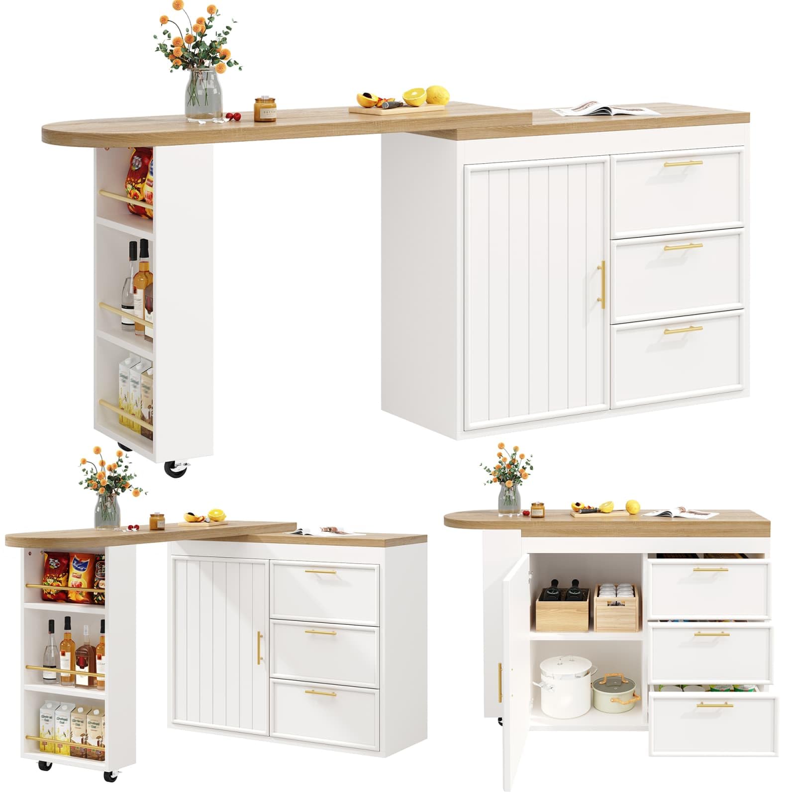 Sweiko Meuble Bar Rotatif 360° avec 3 tiroirs et 1 Porte, Buffet avec étagère latérale, Table d’appoint pour Salon, Salle à Manger, Cuisine ou Espace Bar