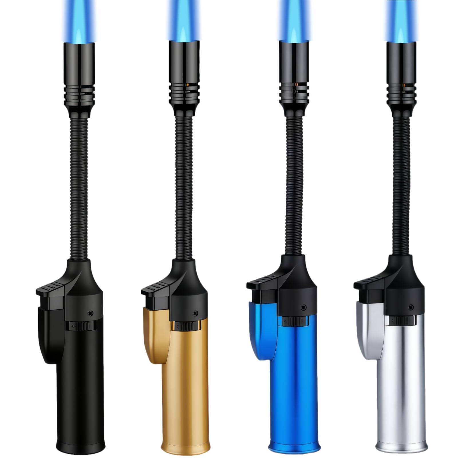 4 Pack Long Butane Torch Lighter with 360 Flexible Neck Safety Lock Mini Refillable Windproof Adjustable Jet Flame