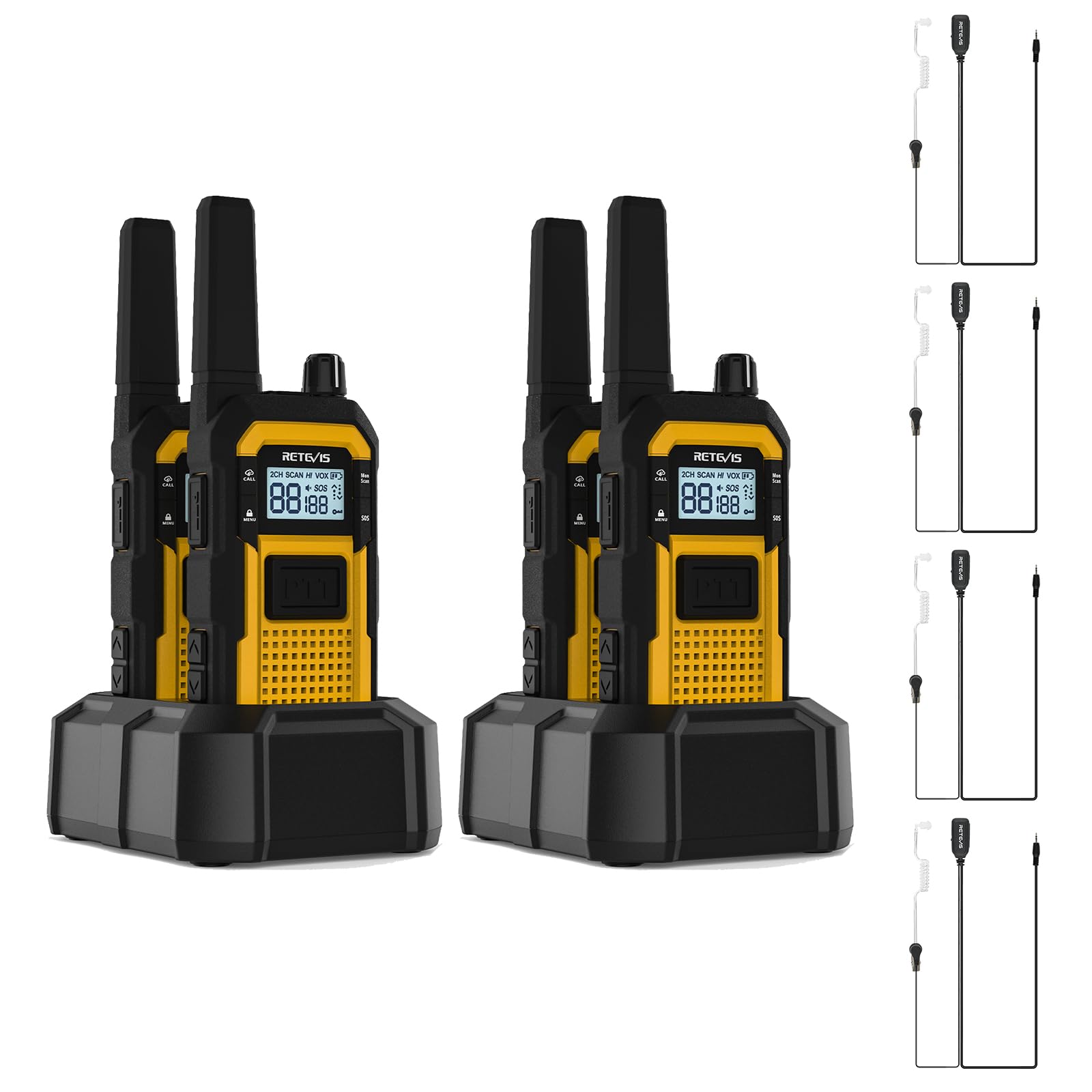 Retevis RB48 Construction Heavy Duty Two Way Radios with Earpiece, 4 Pack | Walkie Talkies Long Range for Jobsite,MIL-STD 810H, IP67 Waterproof 2 Way Radios,2000 mAh, Dual PTT,Vibration Call, NOAA,SOS