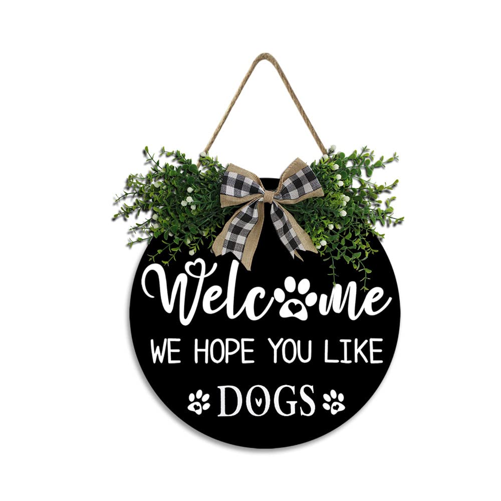 Lefangovs Welcome Sign Wreath Door Hanger Welcome We Hope You Like Dogs Wooden Hanger Welcome Home Sign Black Wreath Hanger Dog House Decoration