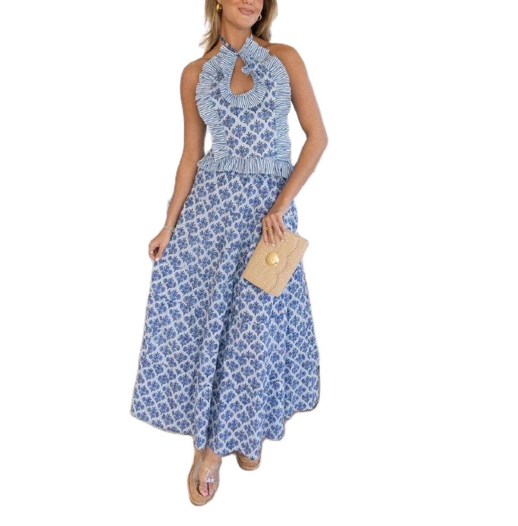 Womens 2 Piece Maxi Skirt Set Y2k Halter Ruched Cami Top Tiered Flowy Ruffle Skirt 2025 Summer Beach