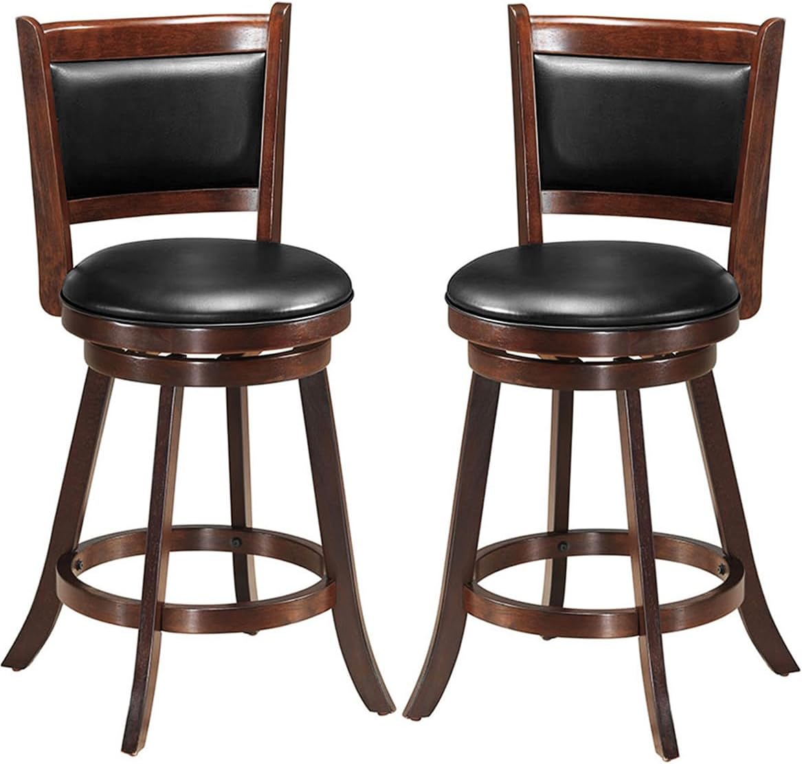 DORTALA Bar Stools Set of 2, 360° Swivel Counter Height Bar Stools with Footrest, Upholstered PVC Cushioned Seat, Wooden Kitchen Stools for Bar, Dining, Living Room, Kitchen (Brown, 24" Height)