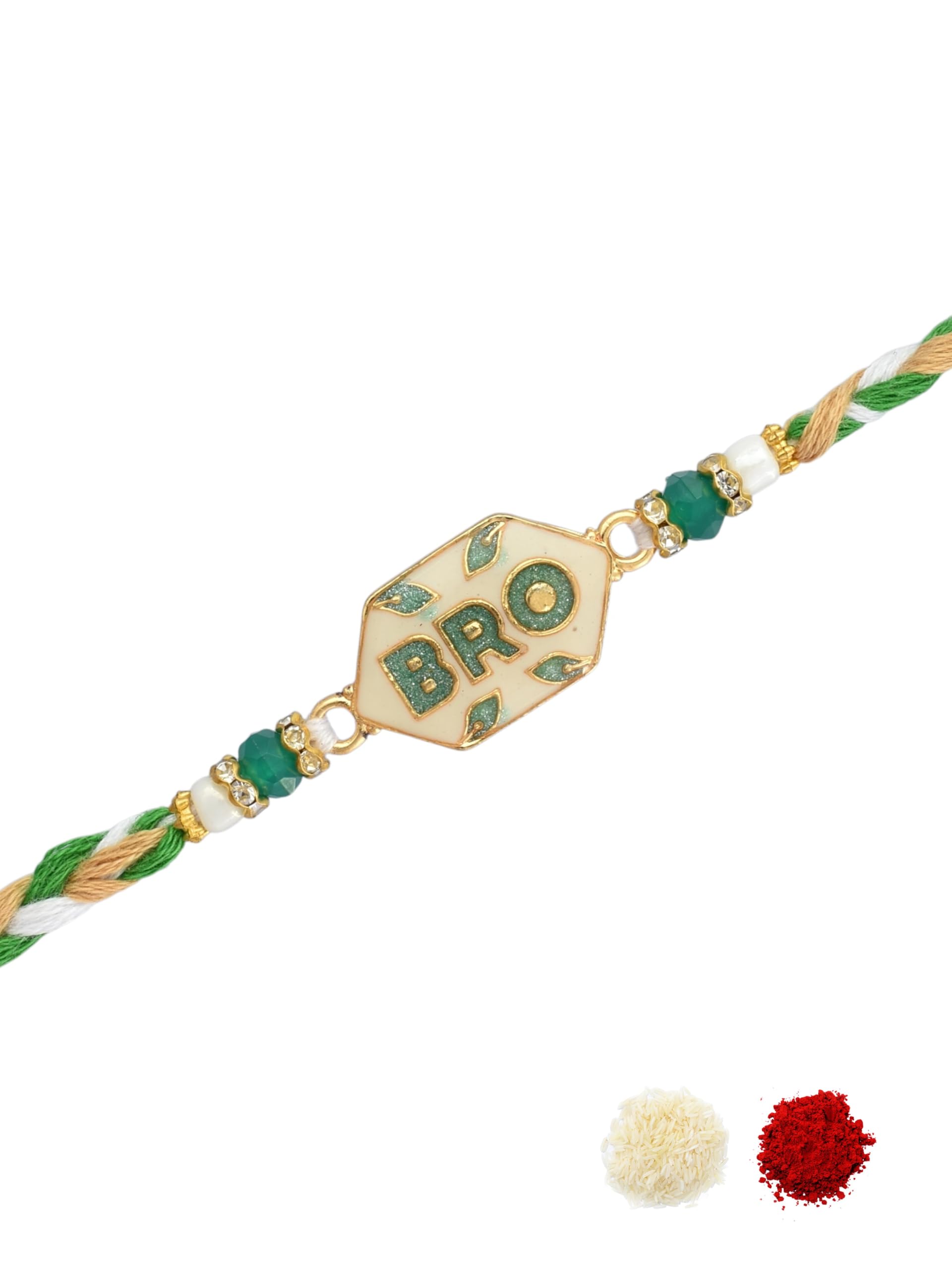 gold plated enamel work green beaded & braided thread bro letter modern design pack of 1 rakhi for brothers, bhaiya, bhai with roli chawal & greeting card for raksha bandhan-18