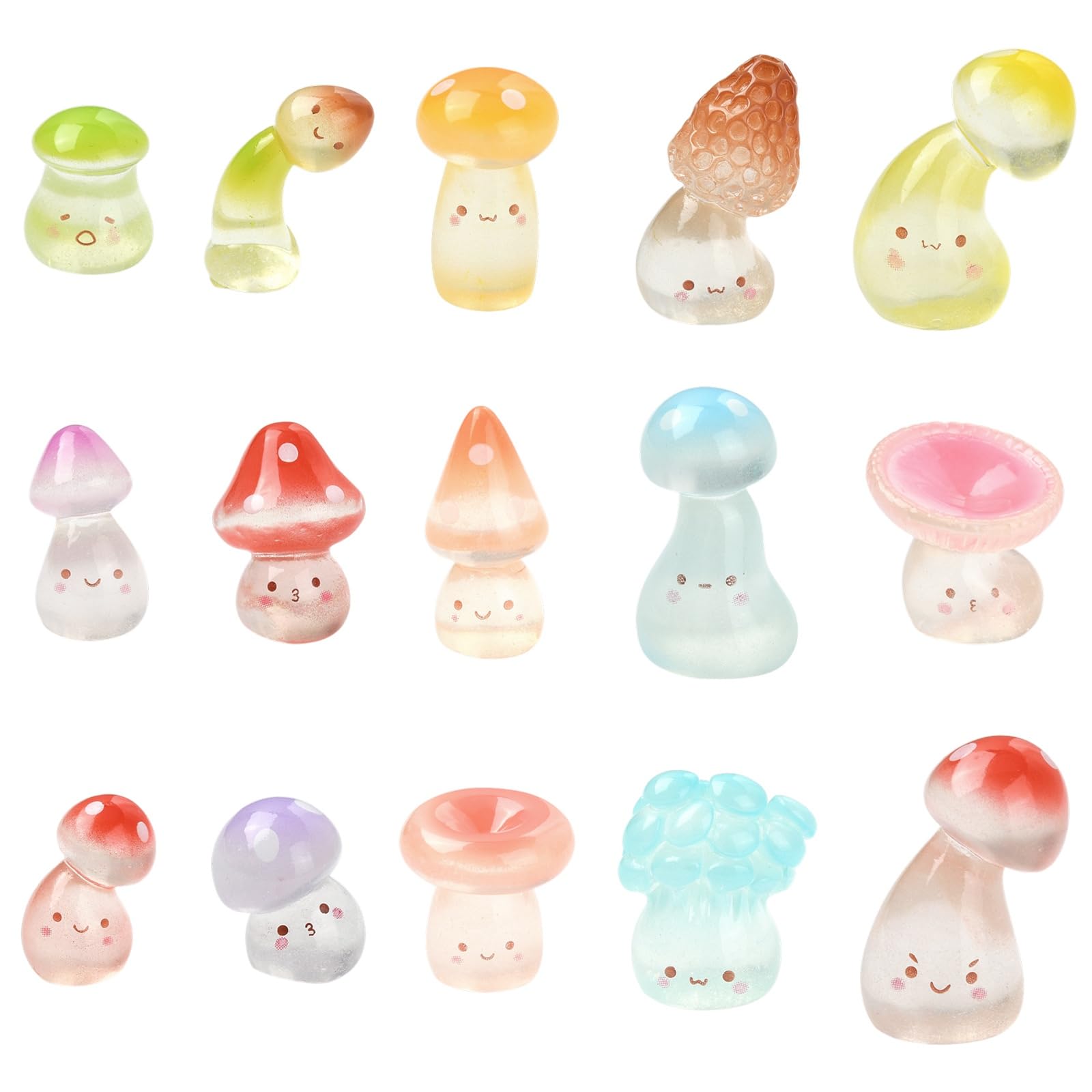 Stiesy 60 Pcs Glow in The Dark Cute Mushroom Decor Sets 15 Styles Luminous Resin Fungi Miniature Ornaments for Office Desk Night Light Garden Home Decor