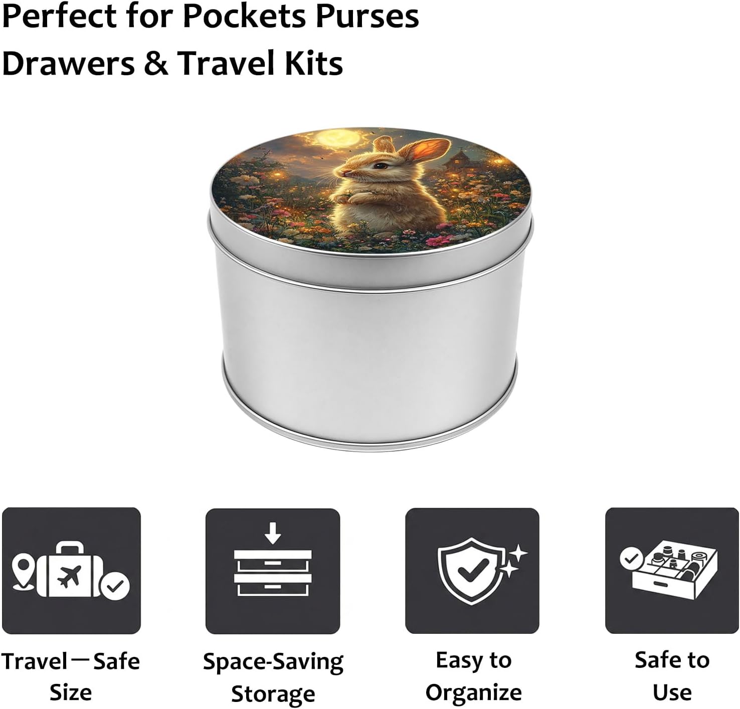 3.6" Round Metal Tin Containers with Lids, Small Silver Storage Tins for Travel, DIY Candles, Candy, Crafts, Portable Empty Tin Cans for Kitchen, Home & Office Organization Bunny in Garden