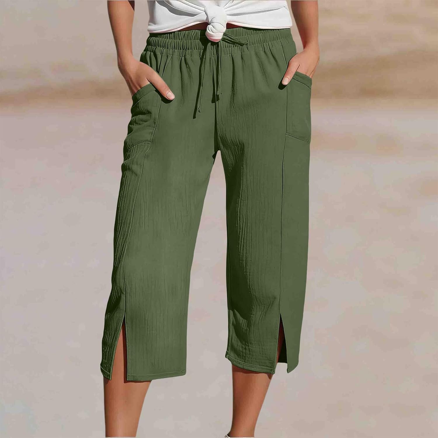 Women's Baggy Capris Elastic Waist Straight Legs Split Side Comfort Summer Cotton Cropped Pants with Pockets