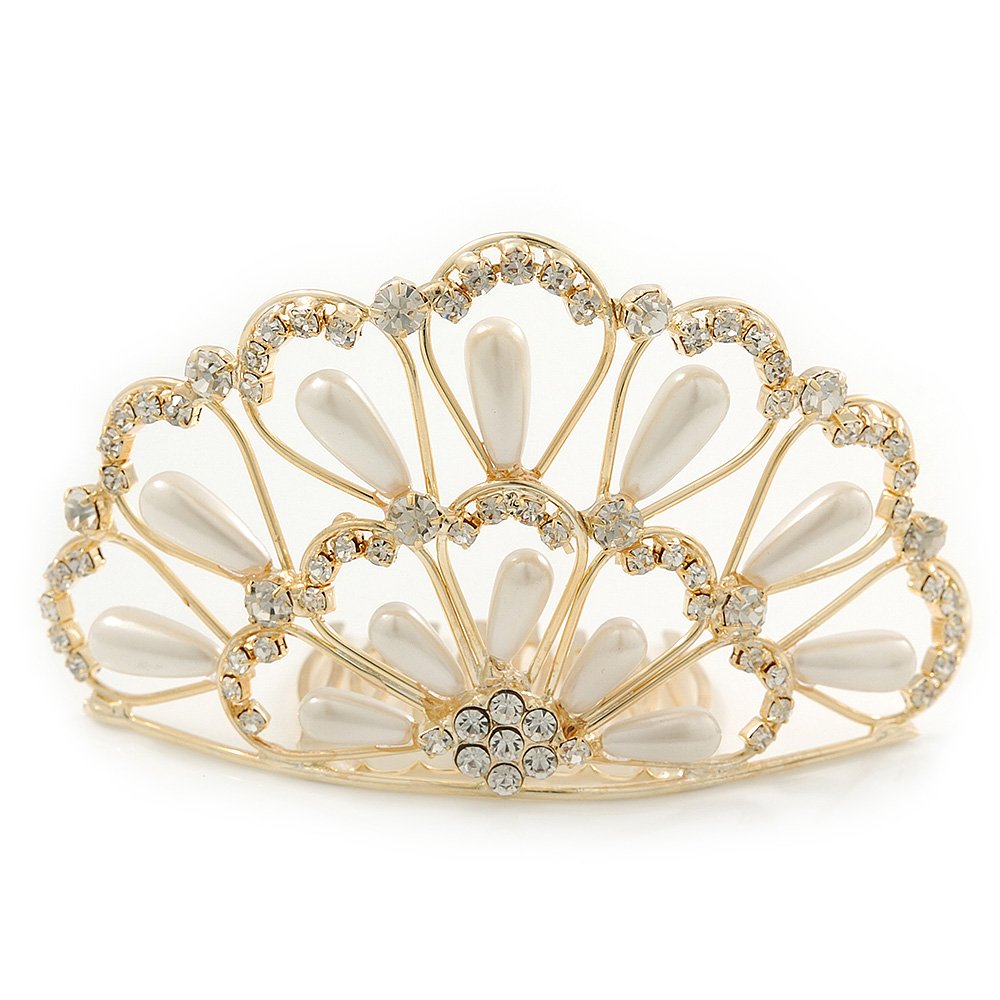 Bridal/Wedding/Prom/Party Gold Plated Diamante, Simulated Pearl Hair Comb/Tiara - 9.5cm