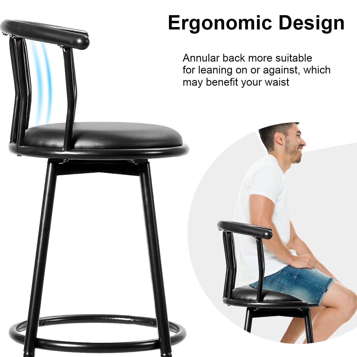 Zestaw 2 obrotowych stołków barowych o 360° z oparciem i podnóżkiem, krzesła kuchenne z metalu i skóry, wysokość 72 cm, idealne do baru, restauracji, stylowy czarny design