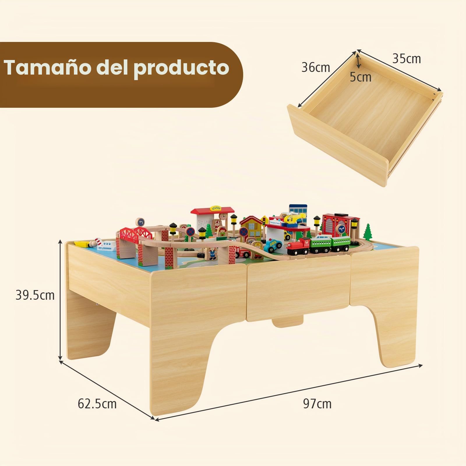 FANTASK Mesa de Juego de 84 Piezas de Madera, Juego de ferrocarril Infantil con Tablero y cajón Reversibles y extraíbles, Mesa de Actividades para Jugar, Pintar, Leer, Comer, Juguetes para niños a