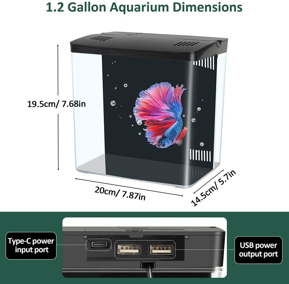 Small Fish Tank 1.2 Gallon Self Cleaning Betta Aquarium Starter Kit with Auto-Cycling Quiet Pump (Filteration & Oxygenation & Circulation) 5-Color LED Desktop Room Aquarium