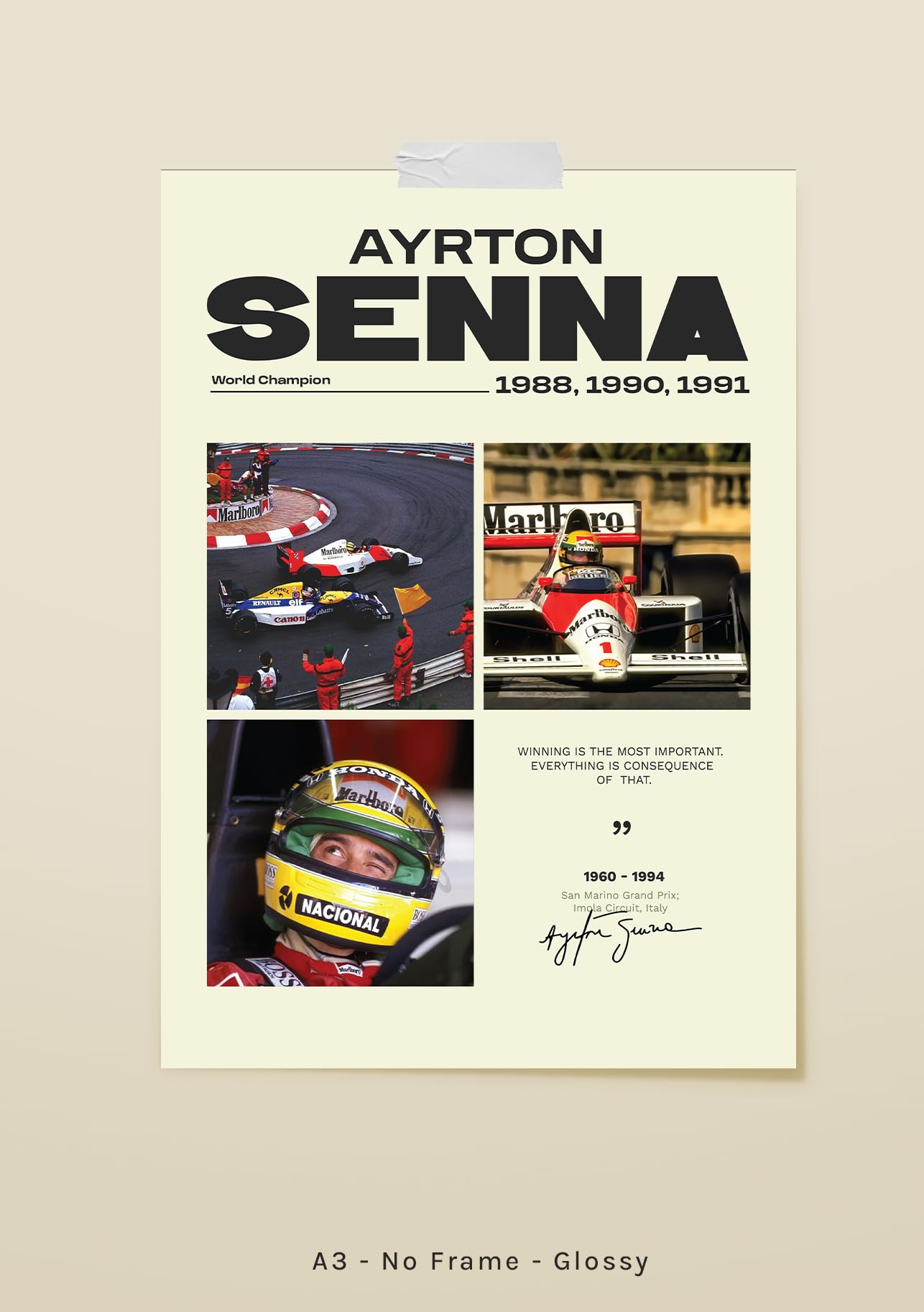 PodiumPe Ayrton Senna Poster | F1 Racing Legend | Formula One Racing Wall Art | A3 (29.7 cm x 42 cm) | Glossy | No Frame
