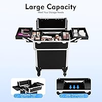 Vista 4 de Estuche profesional de tren de maquillaje rodante, estuches de aleación de aluminio con llaves y ruedas giratorias, estuche portátil de peluquería