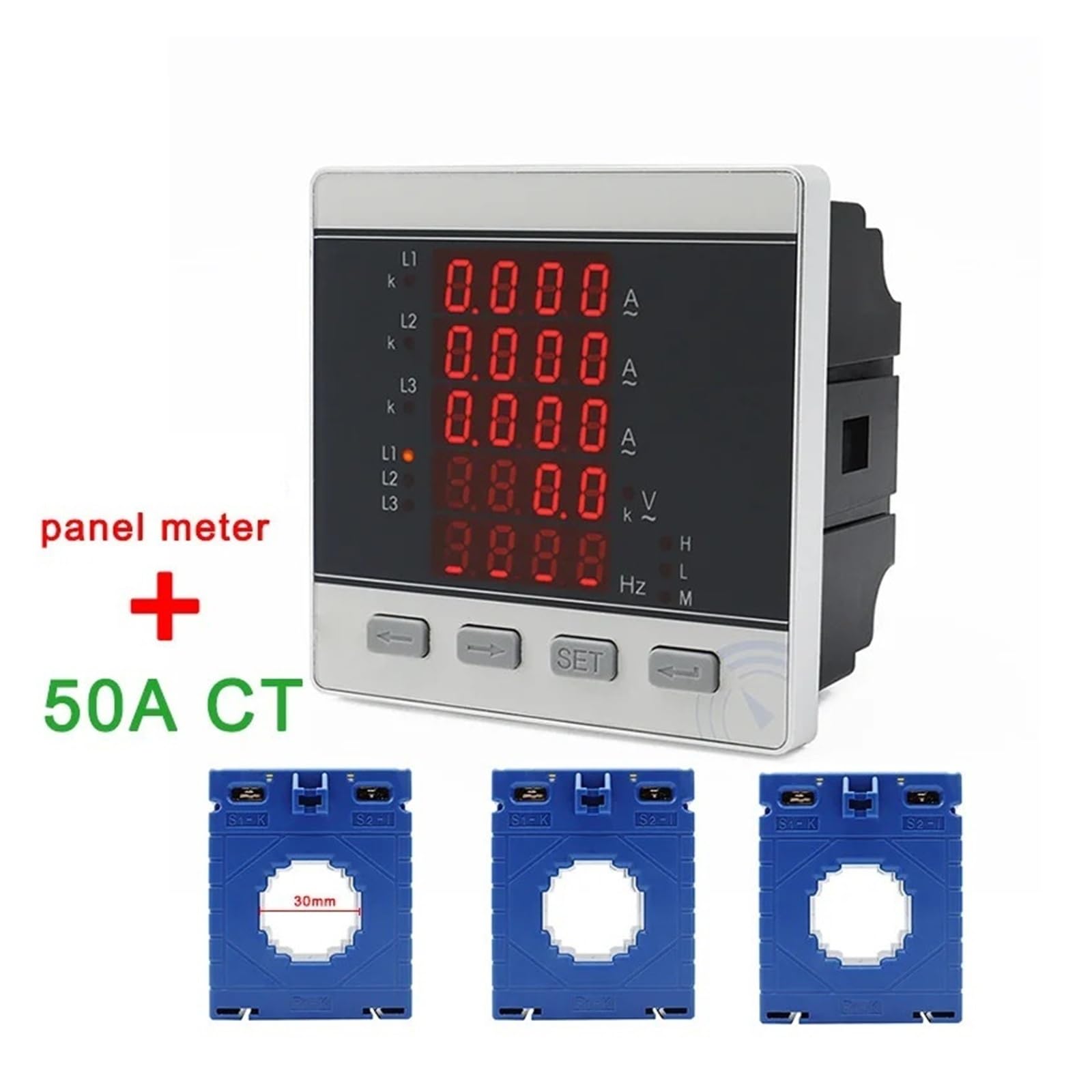 Multímetro Digital trifásico voltios (LL) (LN) amperios frecuencia Panel de visualización LED medidor con 30A 50A 100A 150A 200A CT opcional | Ammeter(50A CT Panel Meter)
