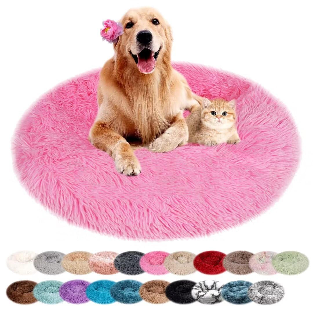nvdsivee Dog Bed Plush Round Cat Bed for Indoor Cats Puppy Bed Washable Calming Dog Beds Cushion for Small Medium Large Dogs Dog Mattress with Anti-slip Bottom Pink 60cm
