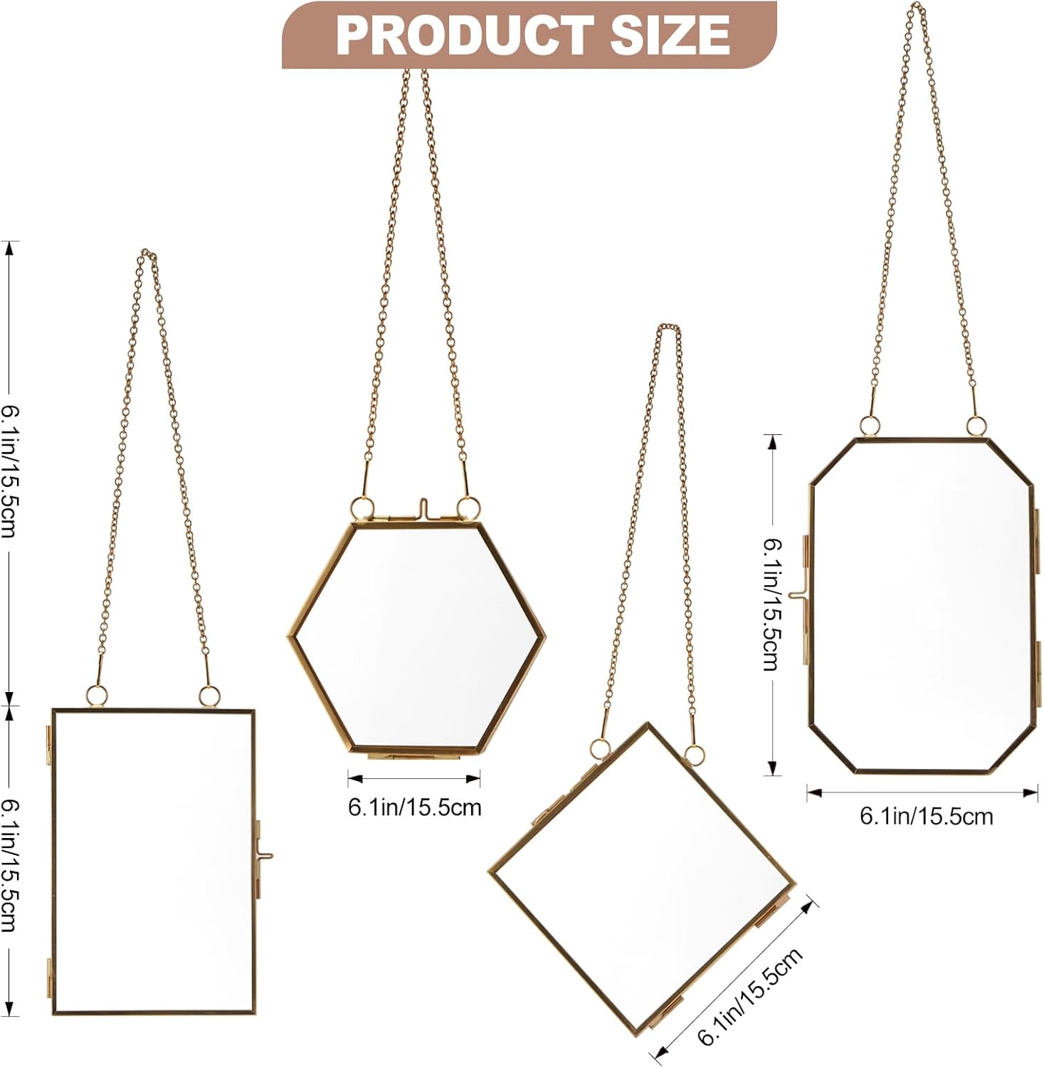Pressed Flower Glass Picture Frames Hanging Frame Gold Floating Photo Frame Clear Horizontal Vertical Frames with Chain for Gallery Vintage Artwork Display (5 Sets, Dried Flowers Are Not Included)
