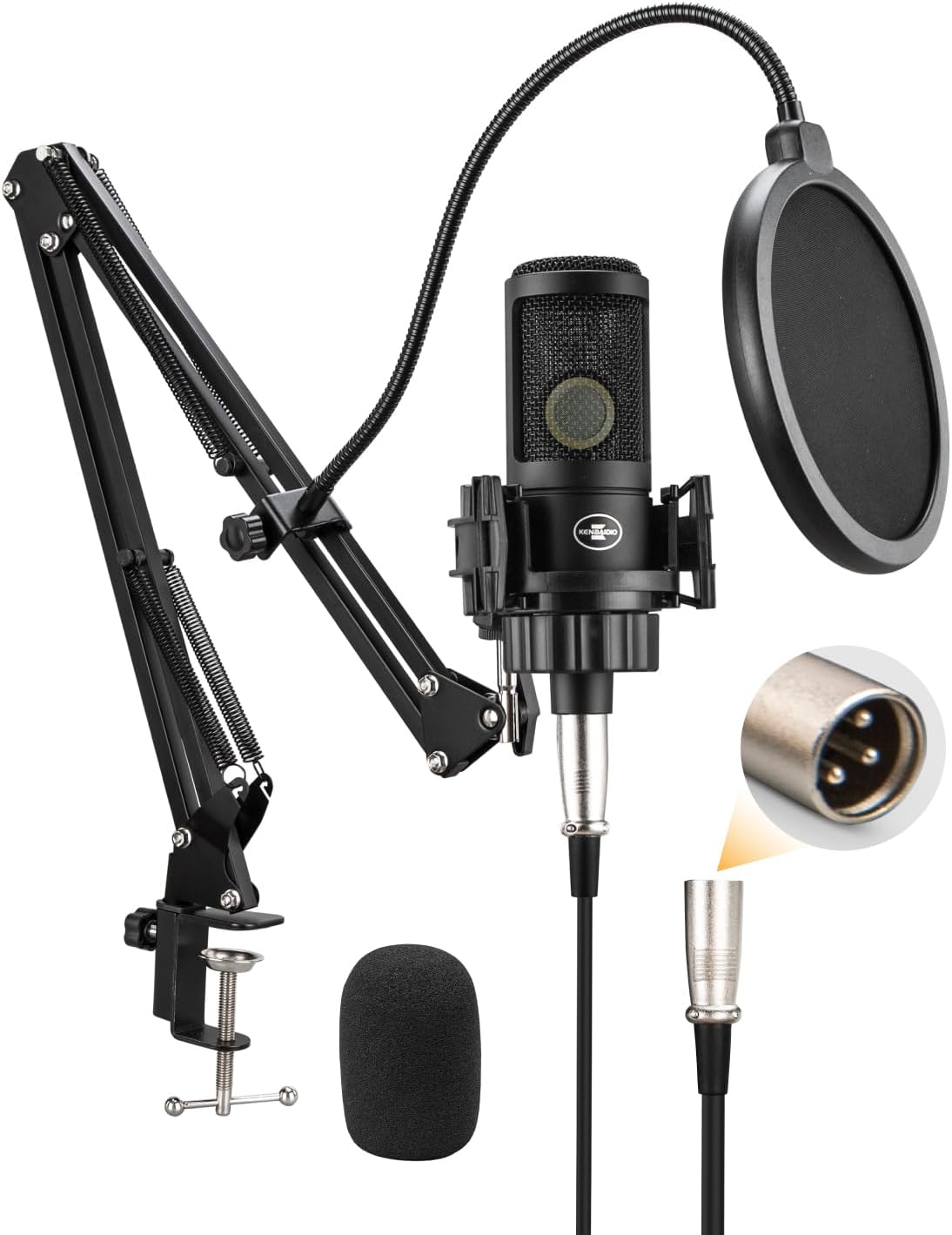 XLR Podcast Microphone, Professional Cardioid Studio Condenser Microphone XLR with 26mm Large Diaphragm for Recording, Streaming, Gaming, ASMR, Computer PC Mic Kit with Boom Arm, Pop Filter
