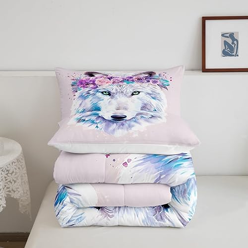 Miniatura 6 de Juego de ropa de cama de lobo con diseño de animales de safari con ojos verdes, juego de edredón de teñido anudado para niñas, edredón de plumas de