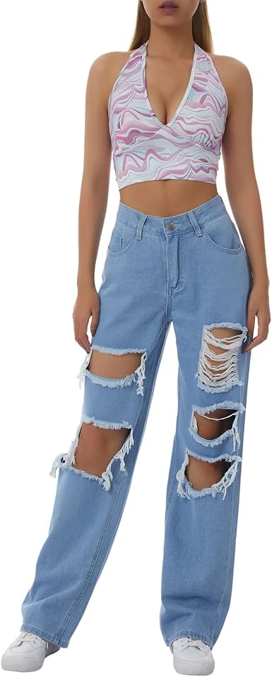 Amazon.com: Pantalones de mezclilla rasgados para mujer, cintura alta,  holgados, de pierna ancha, recta, ropa de calle, pantalones sueltos vintage  : Ropa, Zapatos y Joyería