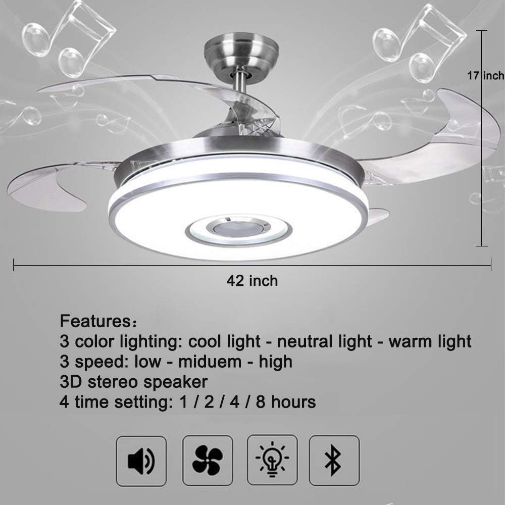 Modern Ceiling Fan with LED Light and Remote, Retractable Blade Ceiling Fans Light with Bluetooth Music Speaker, 3 Speed 3 Color Lighting Silent Motor Ceiling Chandelier Fan 42 Inch