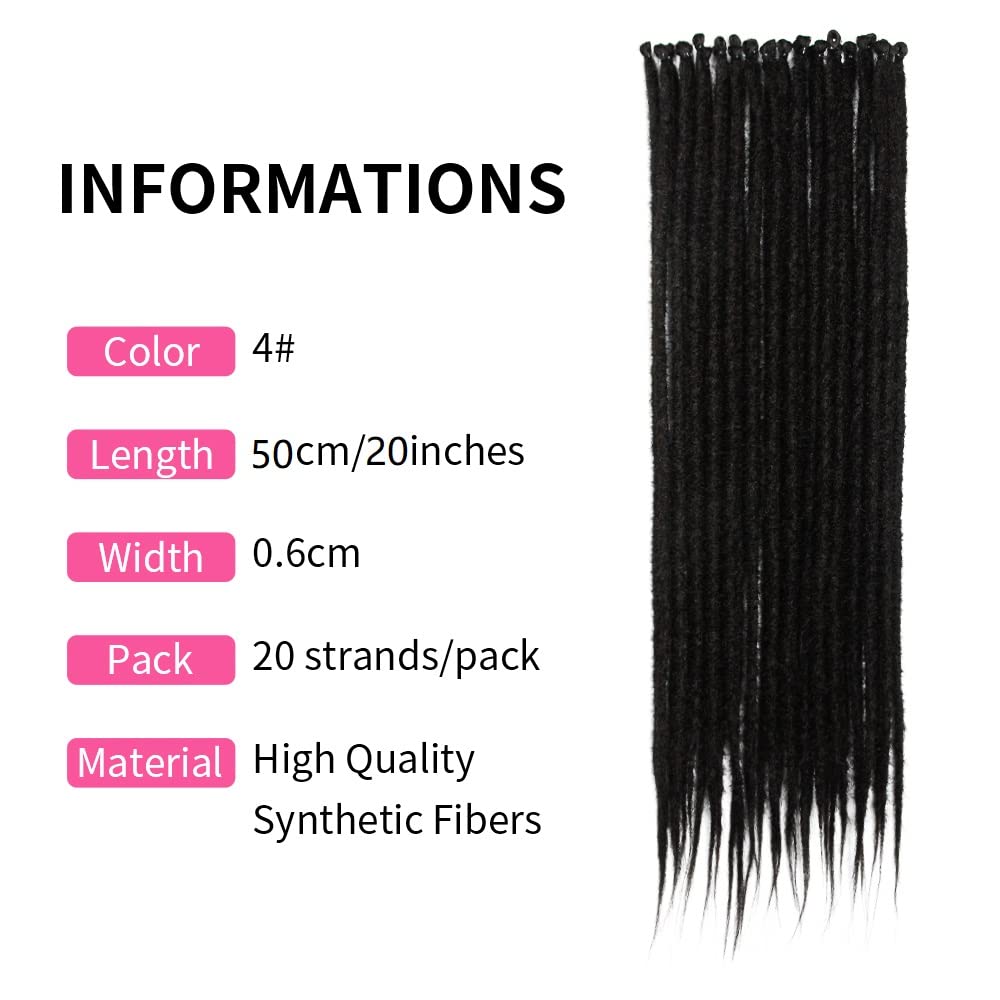 20 Pollici 20 Fili/Confezione Estensioni di Dreadlock Sintetici Sottili 0,6cm Capelli Intrecciati All'Uncinetto Morbidi Dreadlocks A Punta Singola Stile Hippie Reggae Hip-Hop, Marrone Scuro