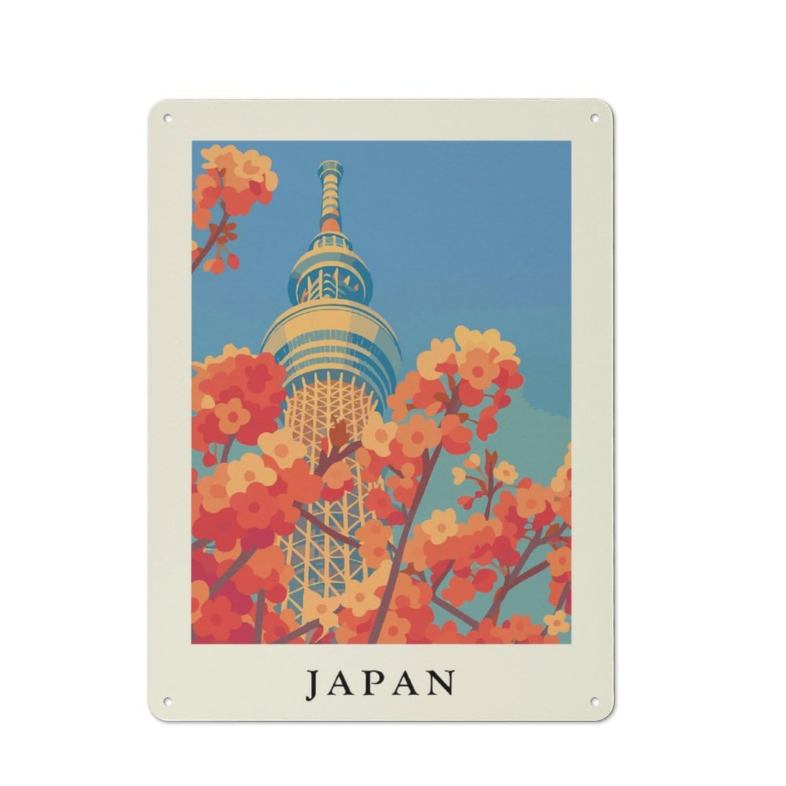 Junmoney Style-9 Metal Wall Sign 40X30cm Featuring Tokyo Skytree And Cherry Blossoms Art For Hallway Wall, For Vintage Wall Decor Fans, For Cafés, Pubs And Restaurants