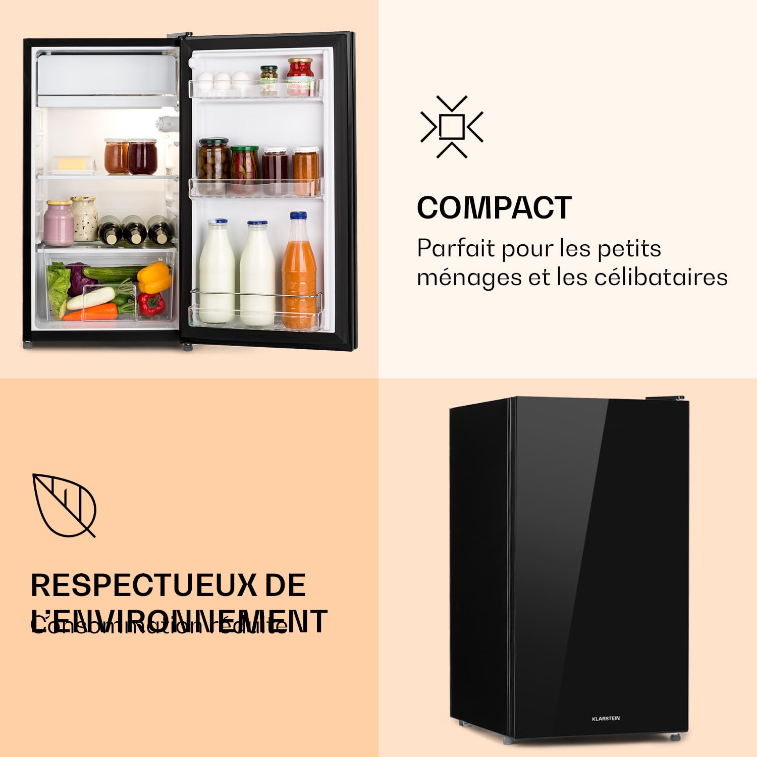KLARSTEIN Luminance Frost - Réfrigérateur, 91L, 110 kWh/an, 7 niveaux de réglage de la température, Eclairage intérieur, Look moderne, Bac à oeufs, Clayettes verre - Noir