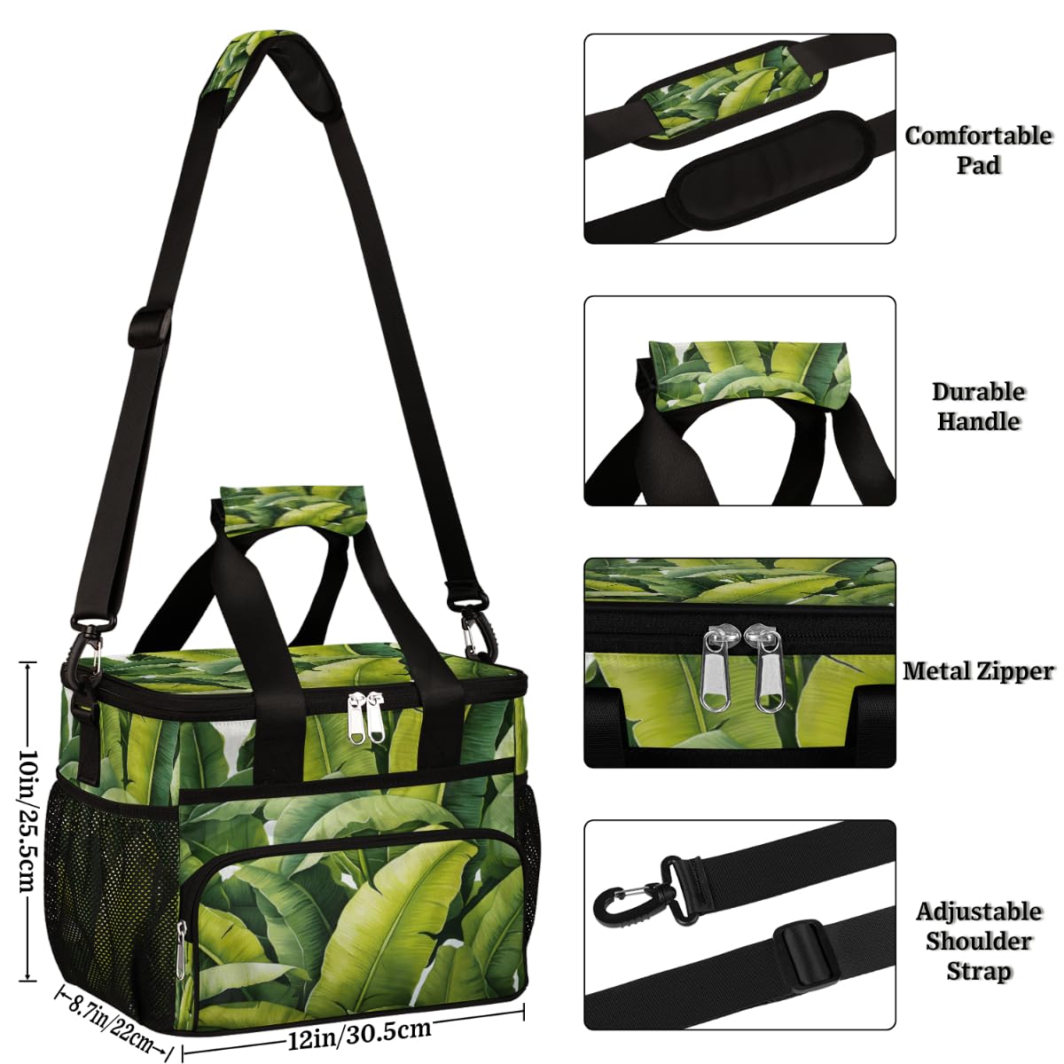 Green Leaves Insulated Picnic Backpack Lunch Box for Women Men Picnic Basket Tote Lunch Bag Picnic Bag Portable Lunch Bags for Picnic, Beach, Work, Trip,Office, Camp Summer Tropical Palm Leaves