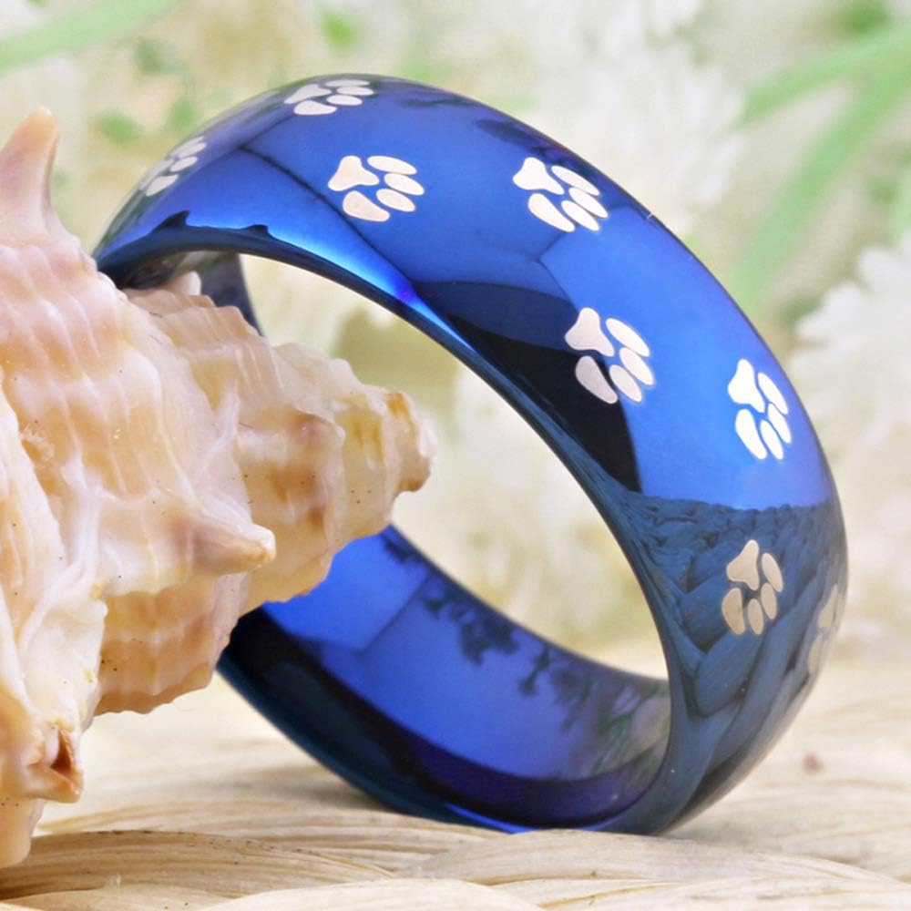 CLOUD DANCER Dog Paw Print Ring 8mm Comfort Fit Silver Tone/Black/Blue Tungsten Carbide Wedding Ring - Free Customized Engraving