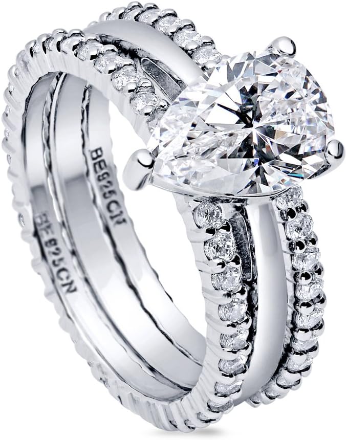 BERRICLE Sterling Silver Solitaire Wedding Engagement Rings 1.8 Carat Pear Cut Cubic Zirconia CZ Ring Set for Women, Rhodium Plated