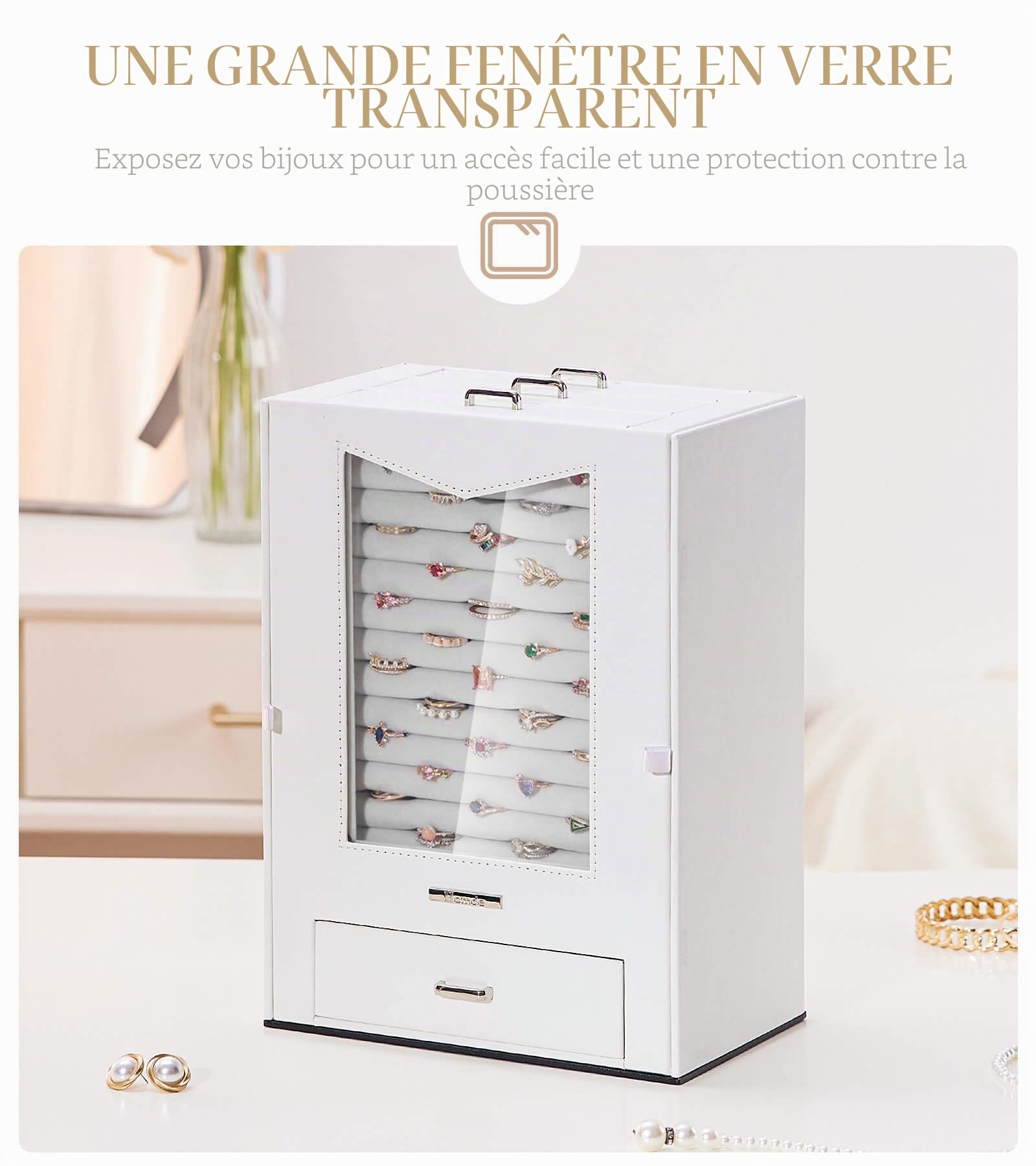 Homde Boîte à Bijoux, Porte Bijoux, Rangement Bijoux, avec Fenêtre transparente, Cadeau Noel, pour Bracelets, Boucles d'oreilles, bagues, Colliers, Montres, Grand, Blanc