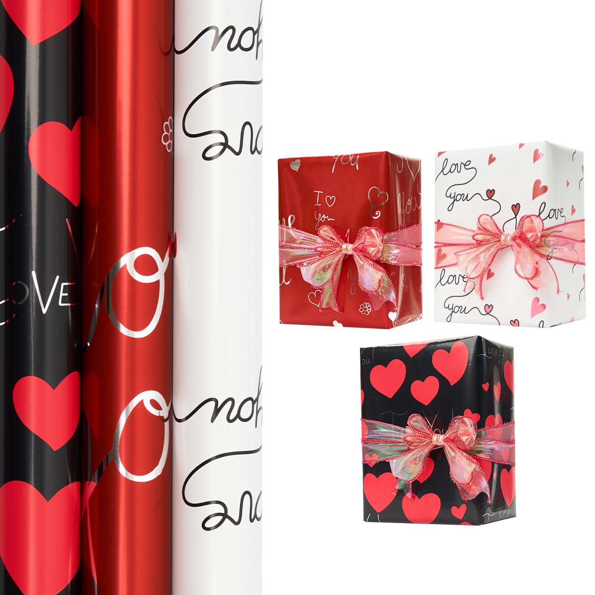 3 Rolls Valentines Wrapping Paper, 43cm*3M Heart Birthday Gift Wrap Set, for Valentine's Day, Anniversary, Wedding,Birthday, Bachelorette Party Gift Wrap Decoration