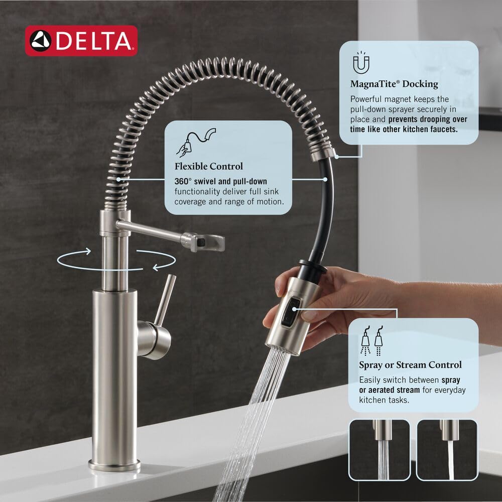 Delta Faucet Antoni Pull Down Püskürtücülü Mutfak Bataryası, Ticari Mutfak Lavabo Bataryası, Mutfak Lavabo Muslukları, Manyetik Yerleştirme Püskürtme Kafası, SpotShield Paslanmaz 18803-SP-DST