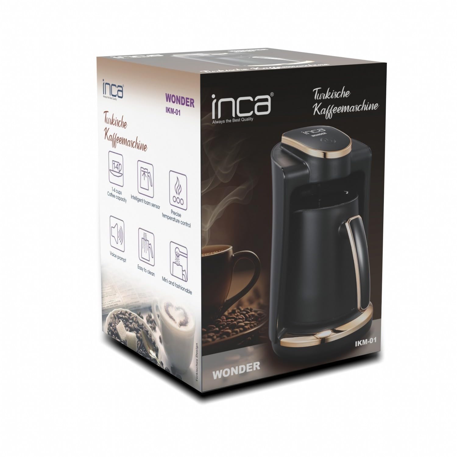 İnca IKM-01 Türkische Kaffeemaschine, Türk Kahve Makinesi, 250ml (1-4 Tassen), 400W, Überlaufschutz & Trockengehschutz, Edelstahlheizplatte, Automatische Abschaltung, Für Perfekten Mokka
