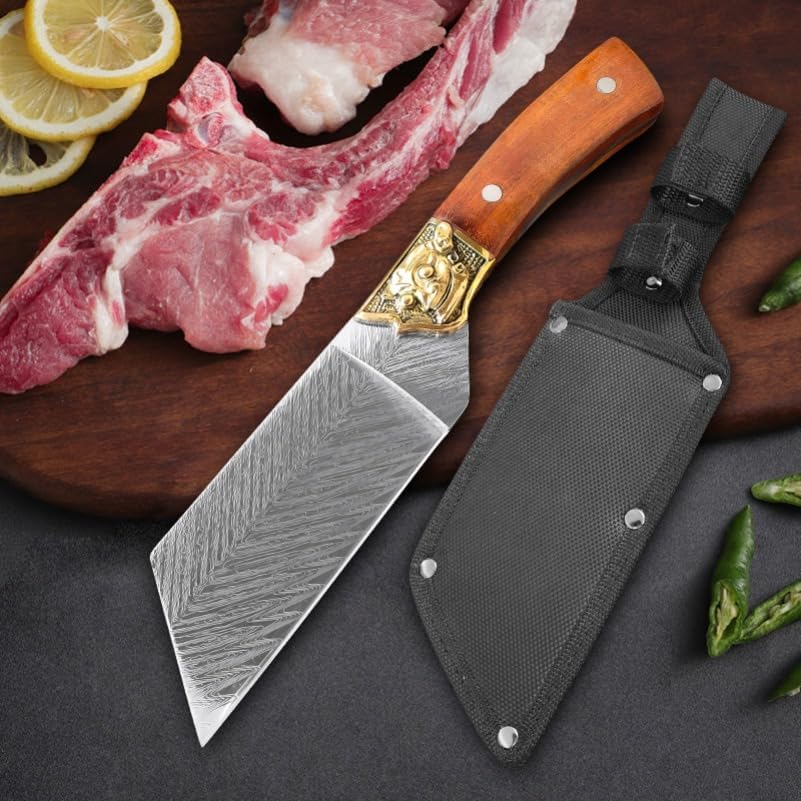 Meat Cleaver,Cleaver Knife 5 Inch Heavy Knife Chef Slicing Fruit Fish Meat Butcher Boning Knife Damascus Blade Wood Handle Utility Knives Kitchen Cooking Tools, LAMAJIGA5844