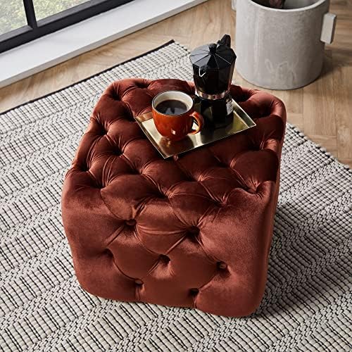 Spinningfield Velvet Clay Button Footstool - Red Tufted Stool Pouffe with Soft, Cushioned Velvet Fabric  Luxury Modern & Contemporary Chesterfield Style Ottoman for Lounge, Living Room & Bedroom