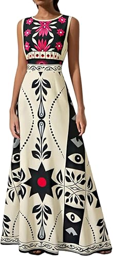 winkbay Women's Boho Print Cut Out Dresses Summer Sleeveless A Line Flowy Maxi D