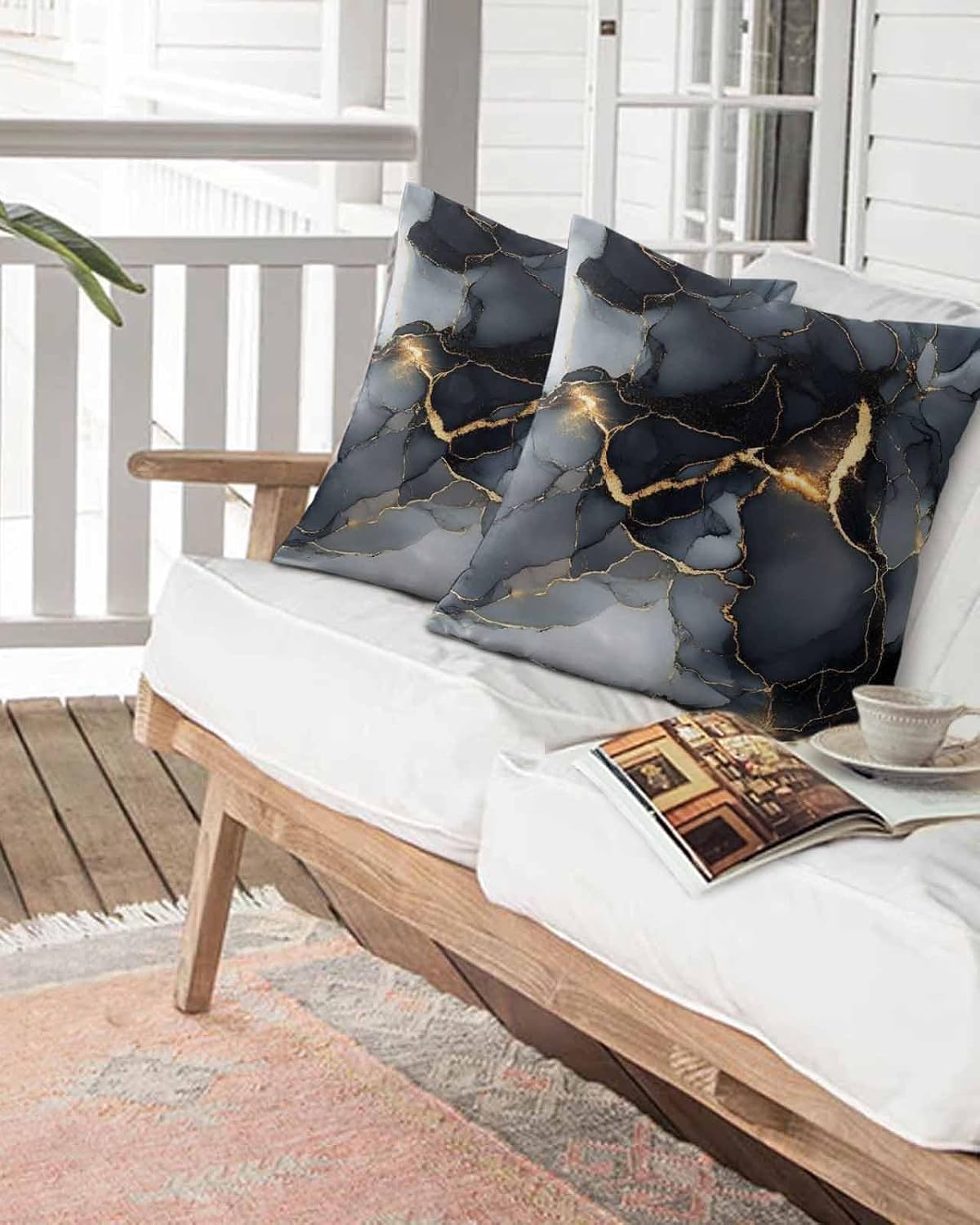 Outdoor Waterproof Throw Pillows Gold Lines Black Marble Texture Patio Pillows Pack of 2,Decorative Pillow Covers with Insert,Pillow Cushion Case for Garden Couch Sofa Gradient Abstract Art