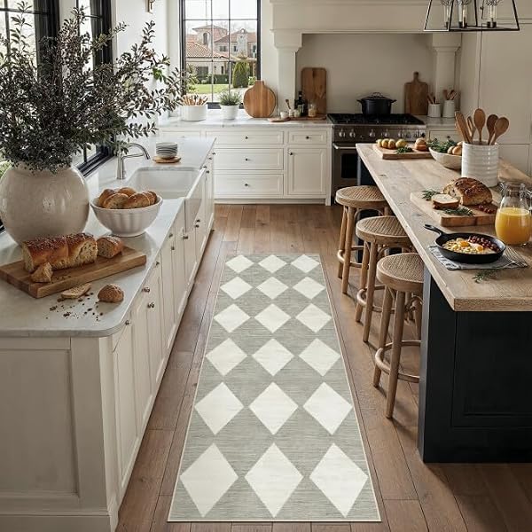 PureCozy 2x6 Runner Checkered Rug for Hallways Gray Washable Long Carpet Non-Slip Low Pile Boho Indoor Accent Throw Rug for Entrance Kitchen Bedroom Dining Laundry by PureCozy - Used condition - Image 3