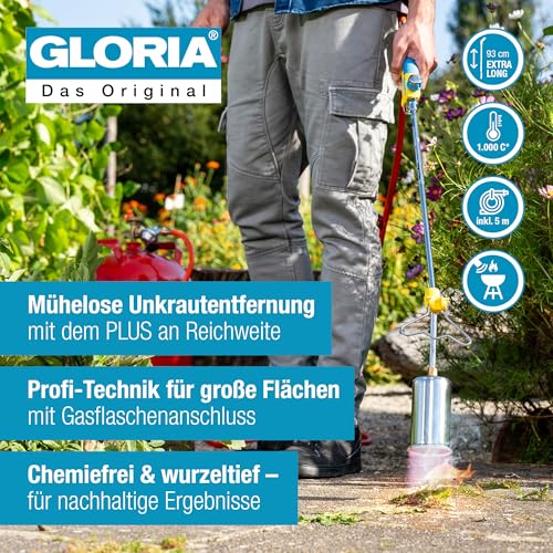 GLORIA Thermoflamm bio Professional PLUS – Gas Unkrautbrenner & Abflammgerät mit 5 m Schlauch | Unkrautvernichter ohne Chemie | Für Garten, Gehweg & Pflaster | Komfortabel ohne Bücken | 1000 °C Flamme